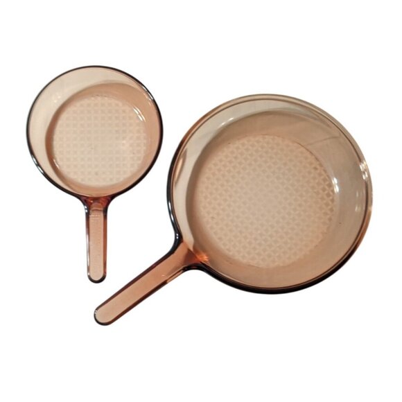 Corning Vision Ware Amber Glass Skillets Waffle Bottom Fry Pans 10 in 7 in retro - Picture 1 of 15